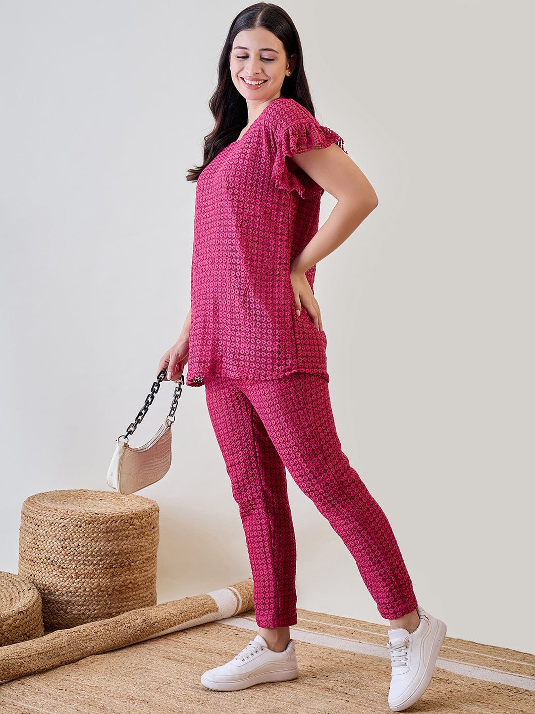 The Kaftan Company Pyjama Set Pink Textured Lace Ruffled Pyjama Set