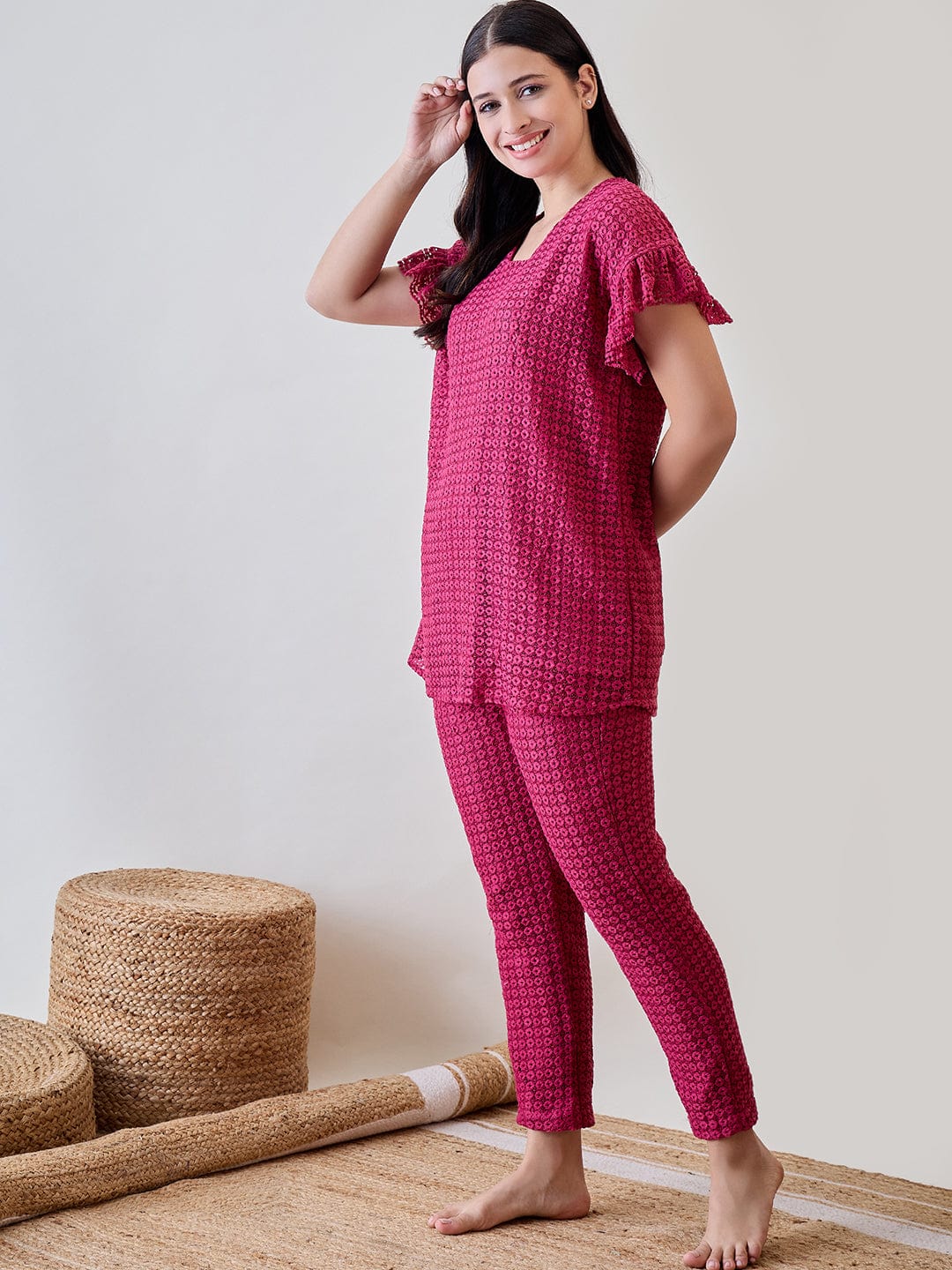 The Kaftan Company Pyjama Set Pink Textured Lace Ruffled Pyjama Set