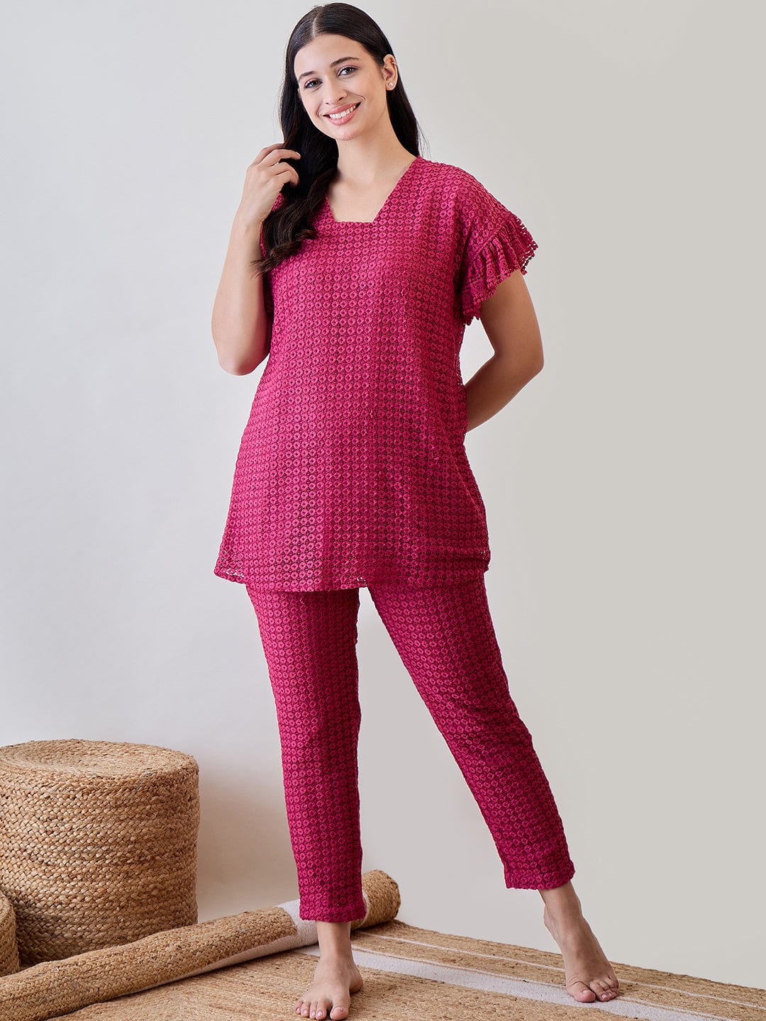 The Kaftan Company Pyjama Set Pink Textured Lace Ruffled Pyjama Set