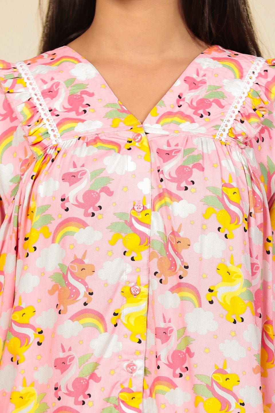 The Kaftan Company Pyjama Set Pink Unicorn and Rainbow Print Viscose Nightsuit with Ruffle and Lace Accents