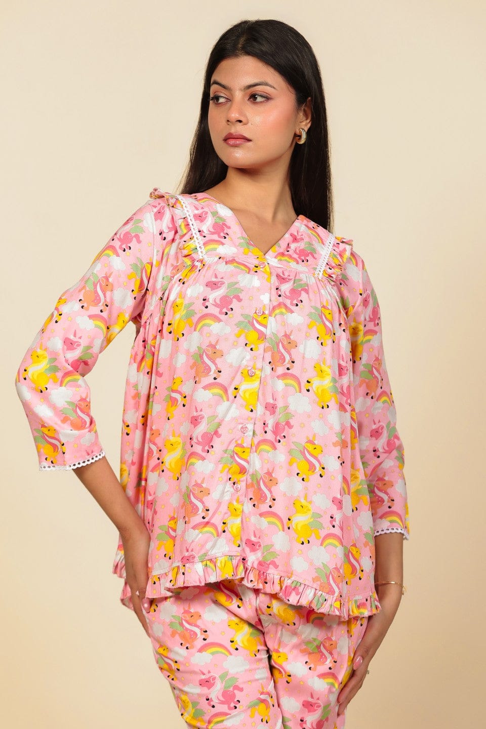 The Kaftan Company Pyjama Set Pink Unicorn and Rainbow Print Viscose Nightsuit with Ruffle and Lace Accents