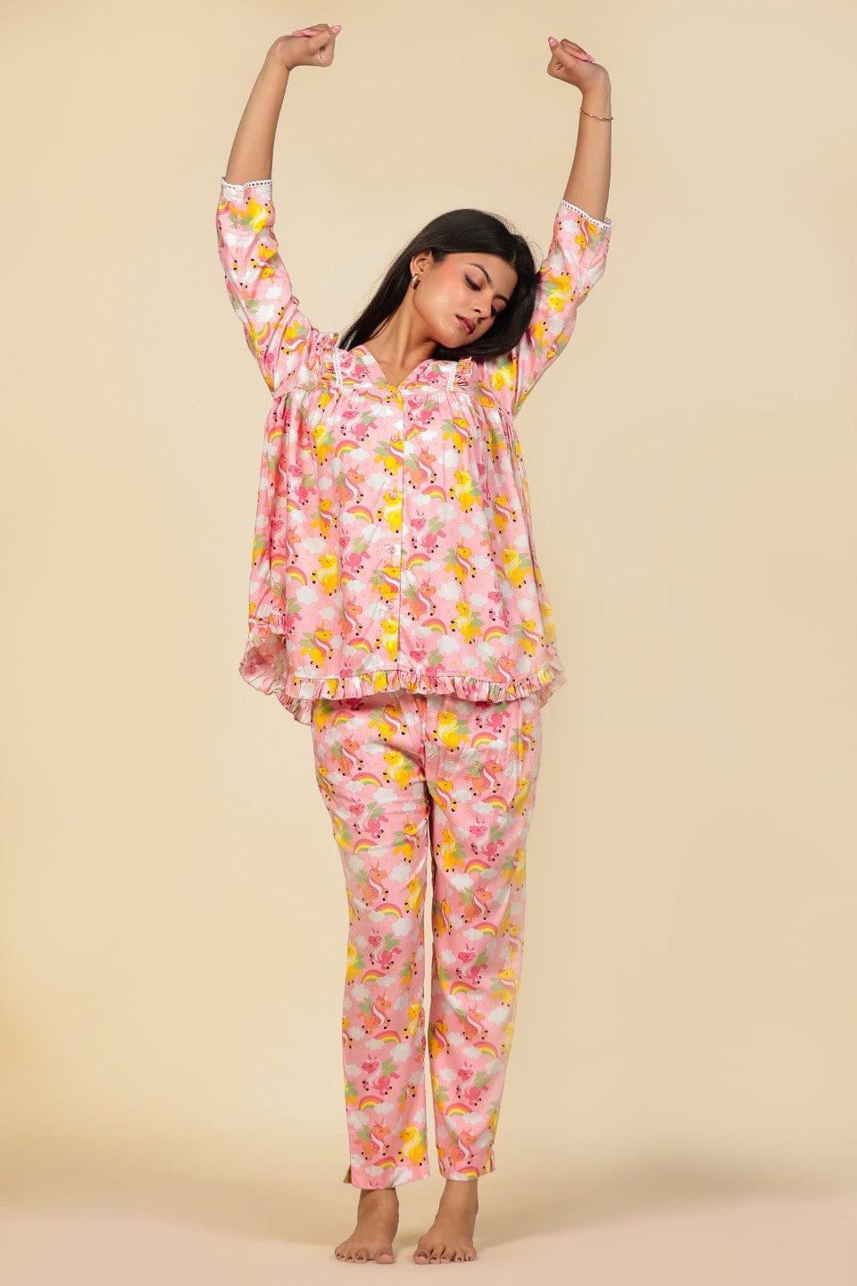 The Kaftan Company Pyjama Set Pink Unicorn and Rainbow Print Viscose Nightsuit with Ruffle and Lace Accents