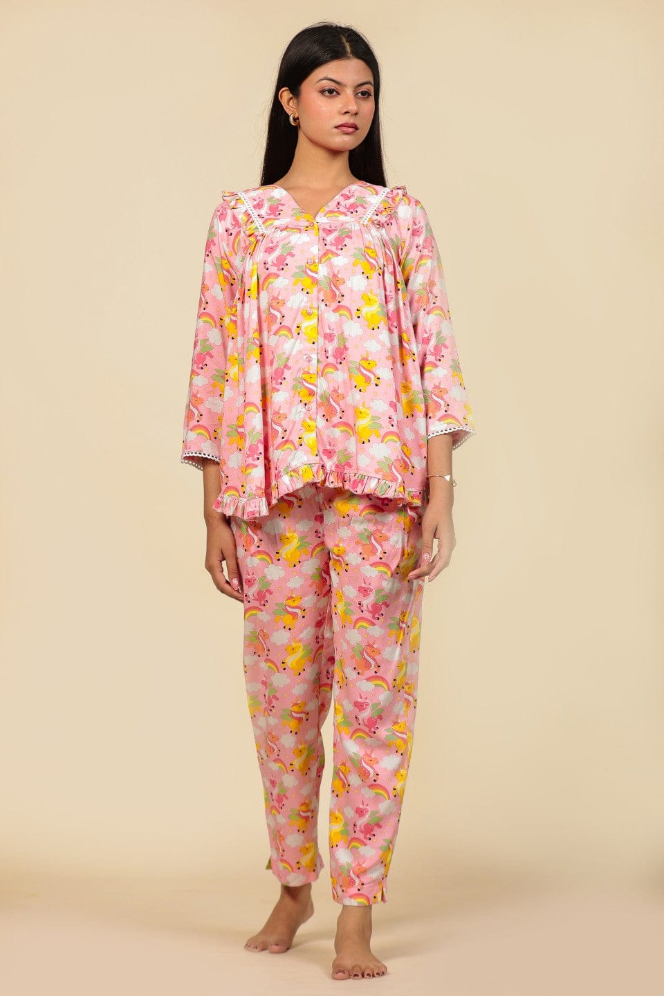 The Kaftan Company Pyjama Set Pink Unicorn and Rainbow Print Viscose Nightsuit with Ruffle and Lace Accents