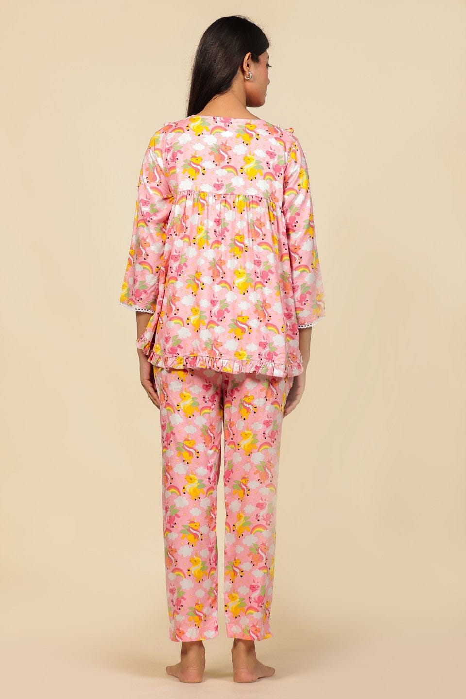 The Kaftan Company Pyjama Set Pink Unicorn and Rainbow Print Viscose Nightsuit with Ruffle and Lace Accents