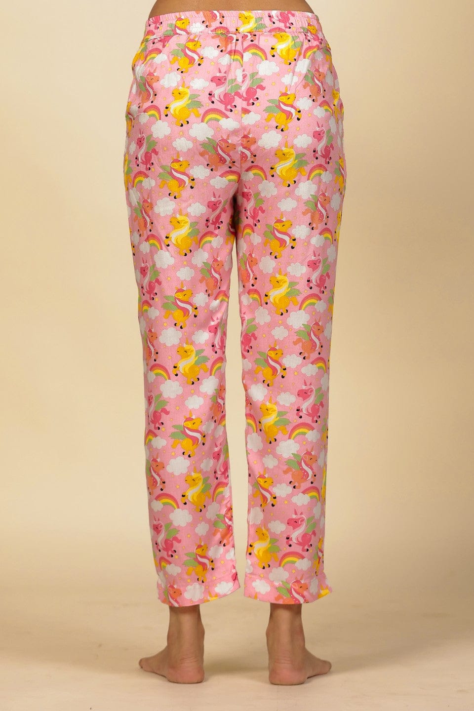 The Kaftan Company Pyjama Set Pink Unicorn and Rainbow Print Viscose Nightsuit with Ruffle and Lace Accents
