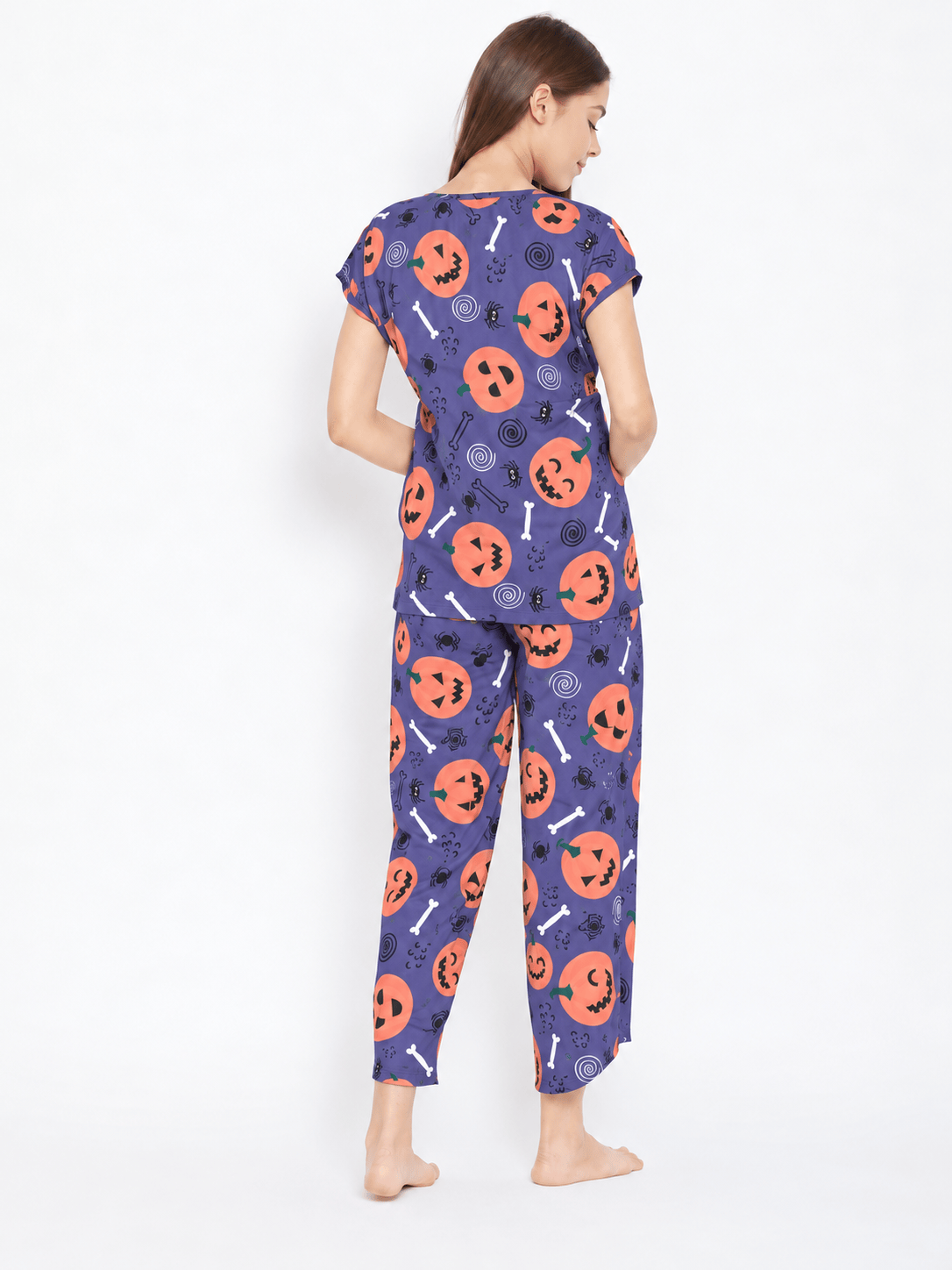 The Kaftan Company Pyjama Set Purple Pumpkin Print Modal Pyjama Set with Cropped Pyjamas