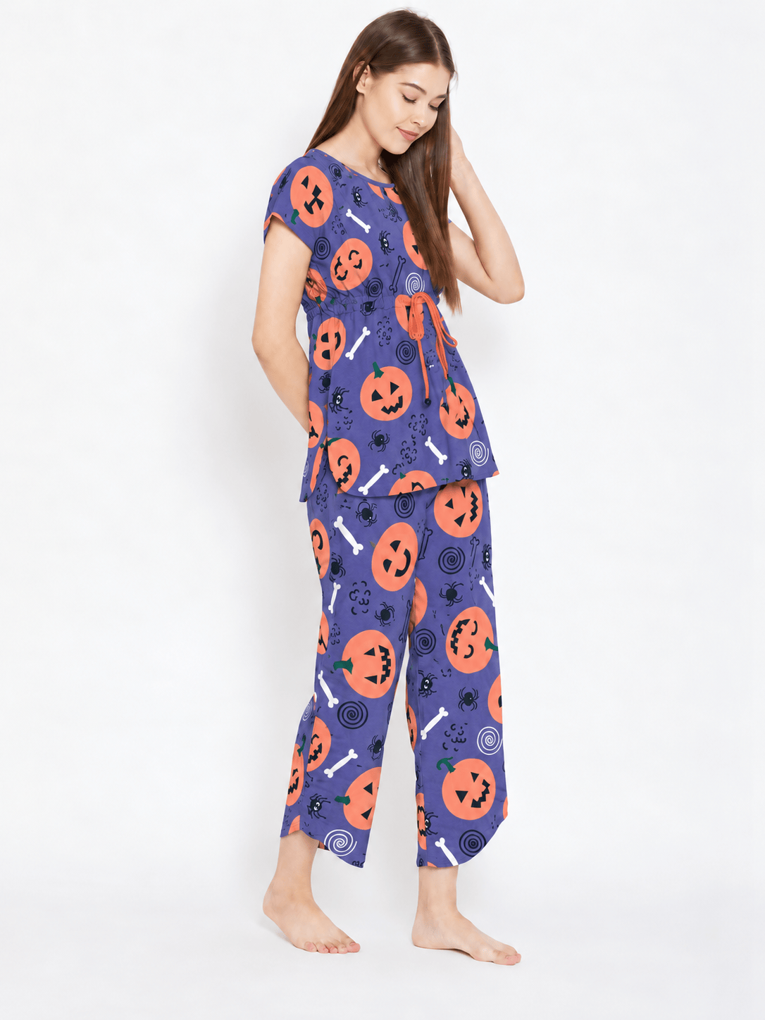 The Kaftan Company Pyjama Set Purple Pumpkin Print Modal Pyjama Set with Cropped Pyjamas