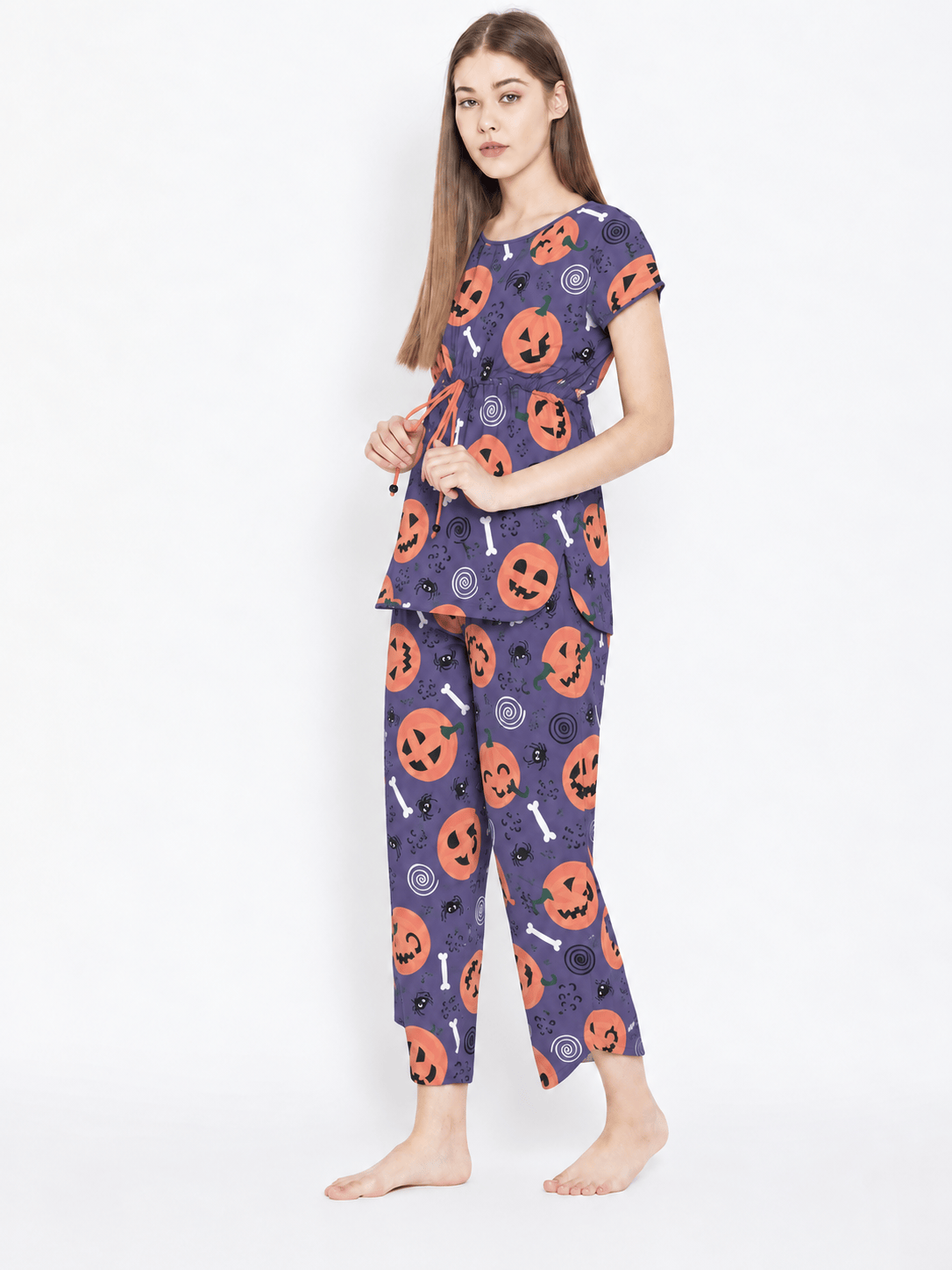 The Kaftan Company Pyjama Set Purple Pumpkin Print Modal Pyjama Set with Cropped Pyjamas