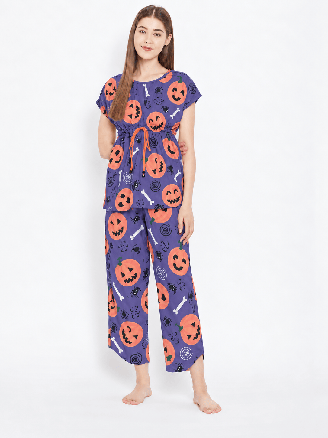 The Kaftan Company Pyjama Set Purple Pumpkin Print Modal Pyjama Set with Cropped Pyjamas