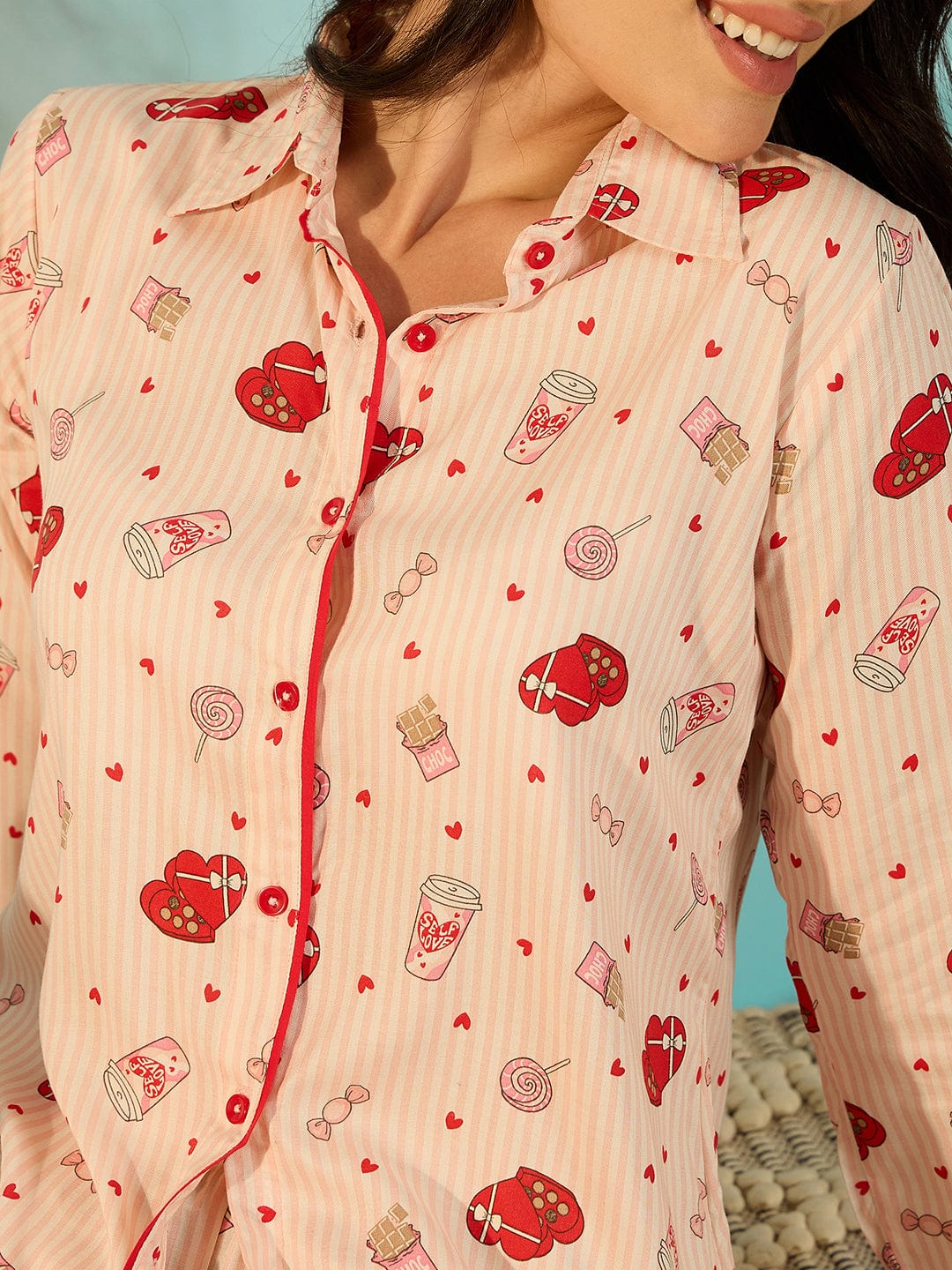 The Kaftan Company Pyjama Set Radiating Red Heart Cotton Chic Pyjama Set For Women