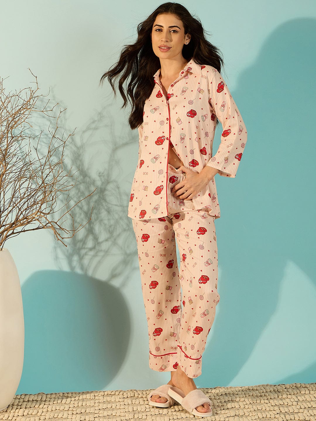 The Kaftan Company Pyjama Set Radiating Red Heart Cotton Chic Pyjama Set For Women