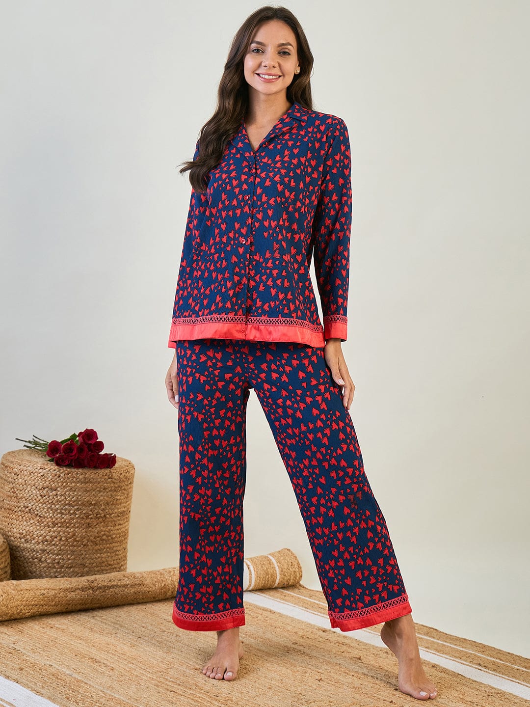 The Kaftan Company Pyjama Set Red and Blue Heart Printed Co-ord Set