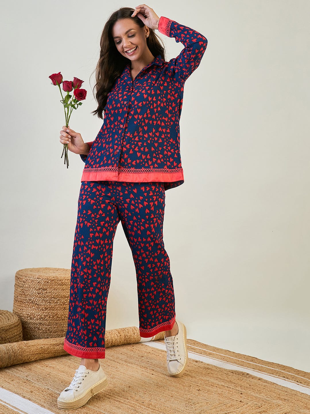The Kaftan Company Pyjama Set Red and Blue Heart Printed Co-ord Set