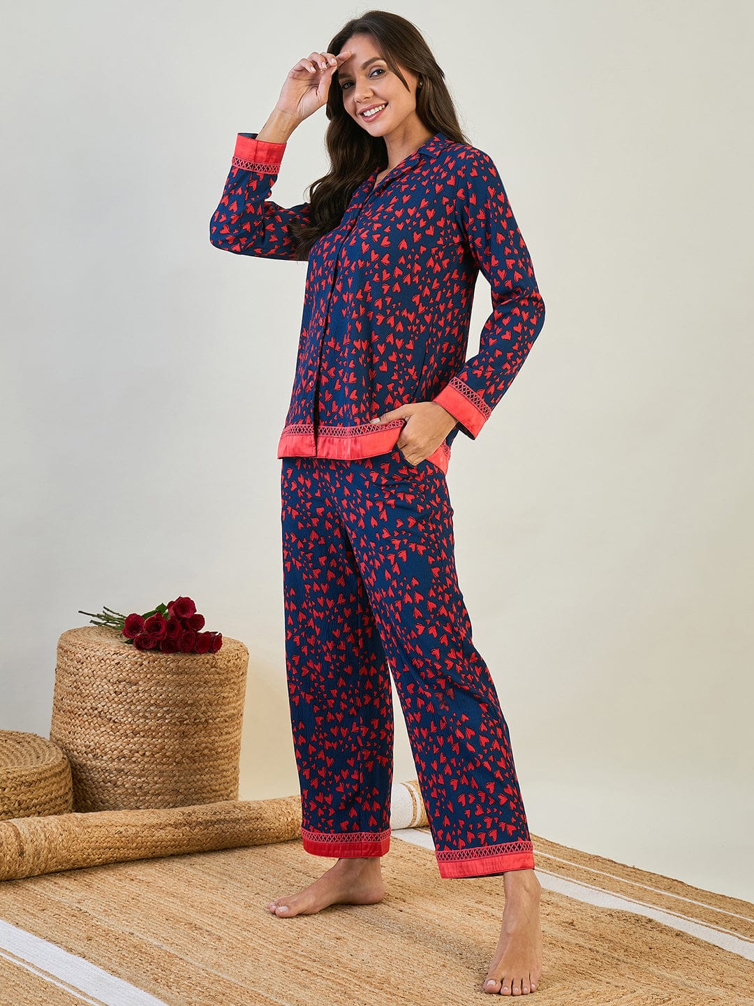The Kaftan Company Pyjama Set Red and Blue Heart Printed Co-ord Set