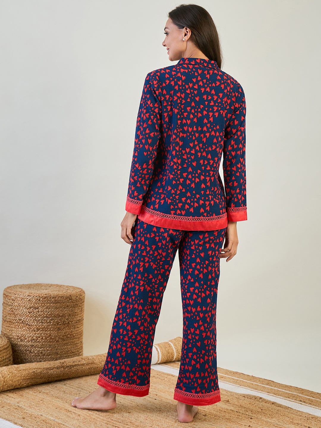 The Kaftan Company Pyjama Set Red and Blue Heart Printed Co-ord Set