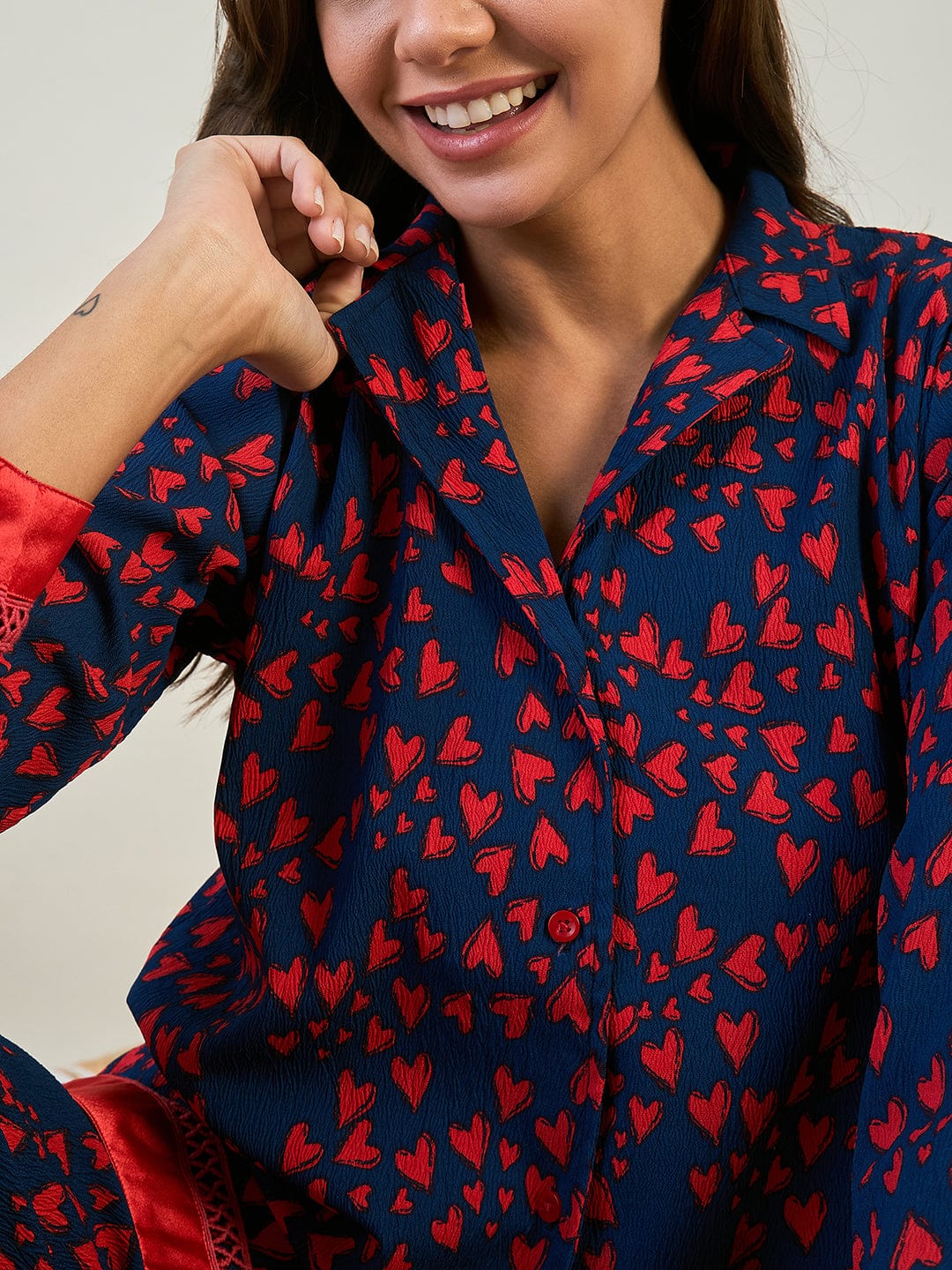 The Kaftan Company Pyjama Set Red and Blue Heart Printed Co-ord Set