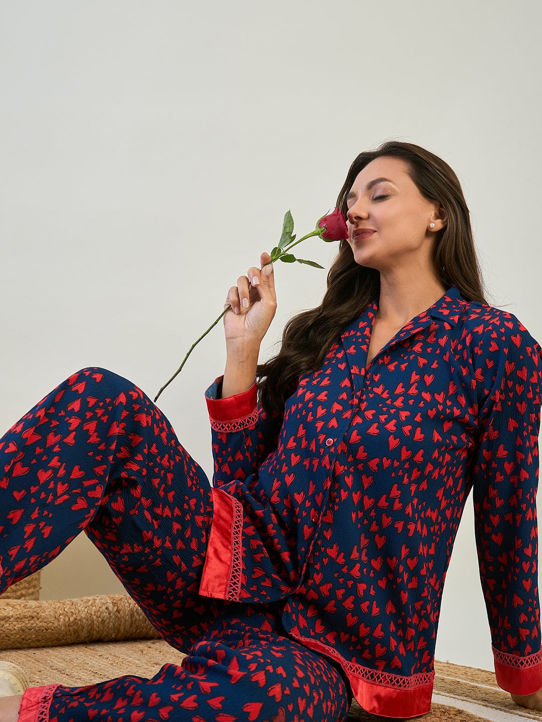 The Kaftan Company Pyjama Set Red and Blue Heart Printed Co-ord Set