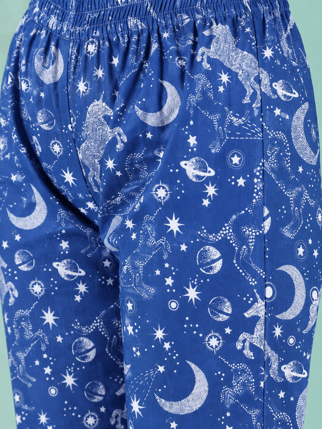 The Kaftan Company Pyjama Set Royal Blue Celestial Unicorn Print Crepe Pyjama Set with Eye Mask