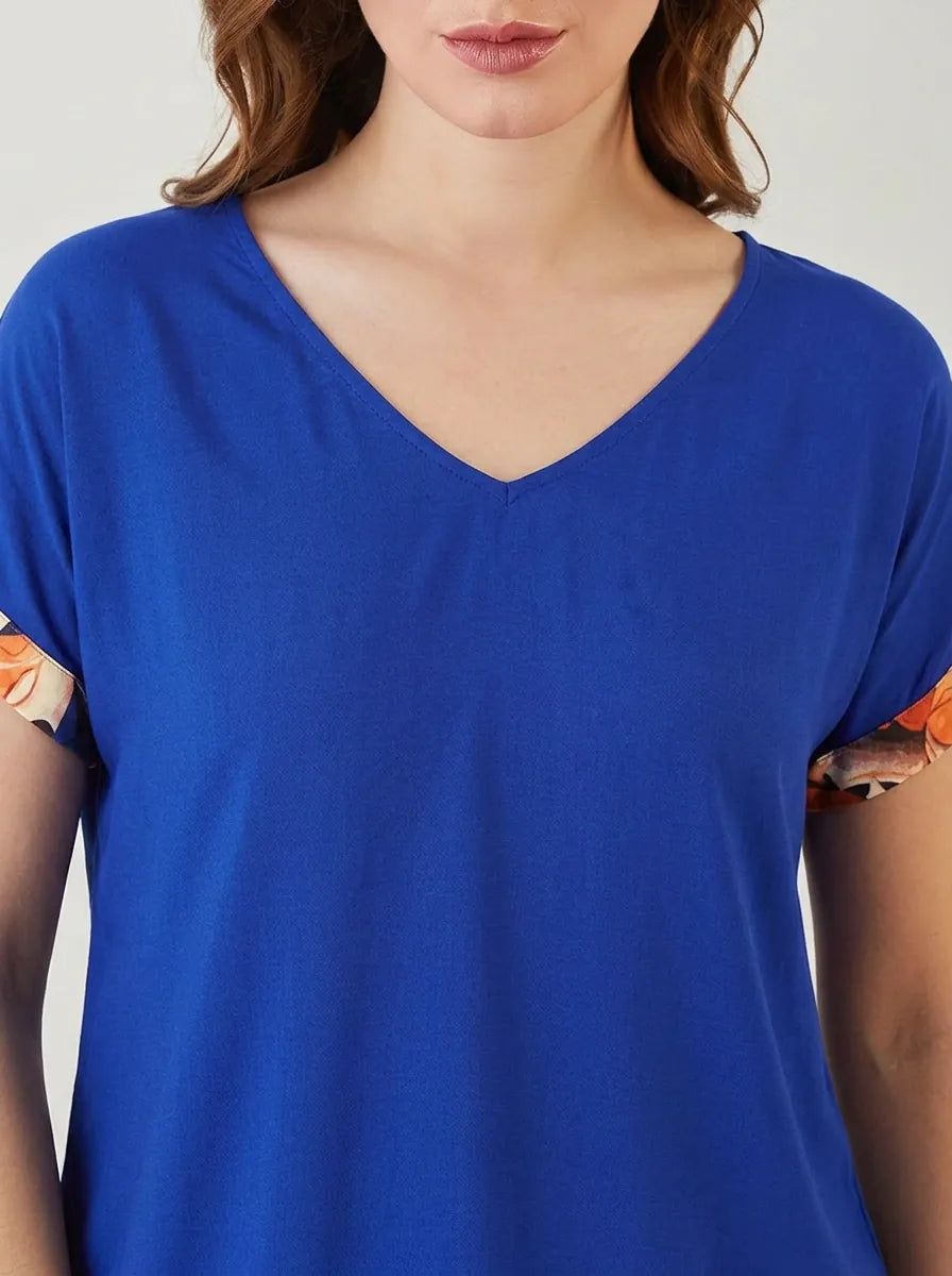 The Kaftan Company Pyjama Set Royal Blue Solid Top with Botanical Print Pyjama Set for Women