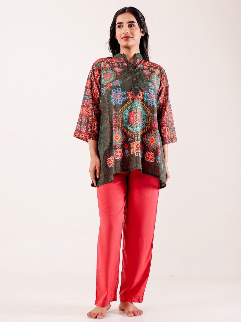 The Kaftan Company Pyjama Set Rust Ethnic Printed Viscose Nightwear Pyjama Set