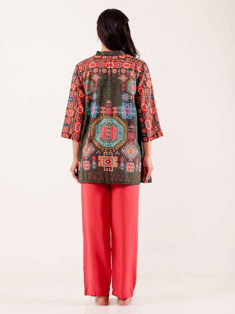 The Kaftan Company Pyjama Set Rust Ethnic Printed Viscose Nightwear Pyjama Set