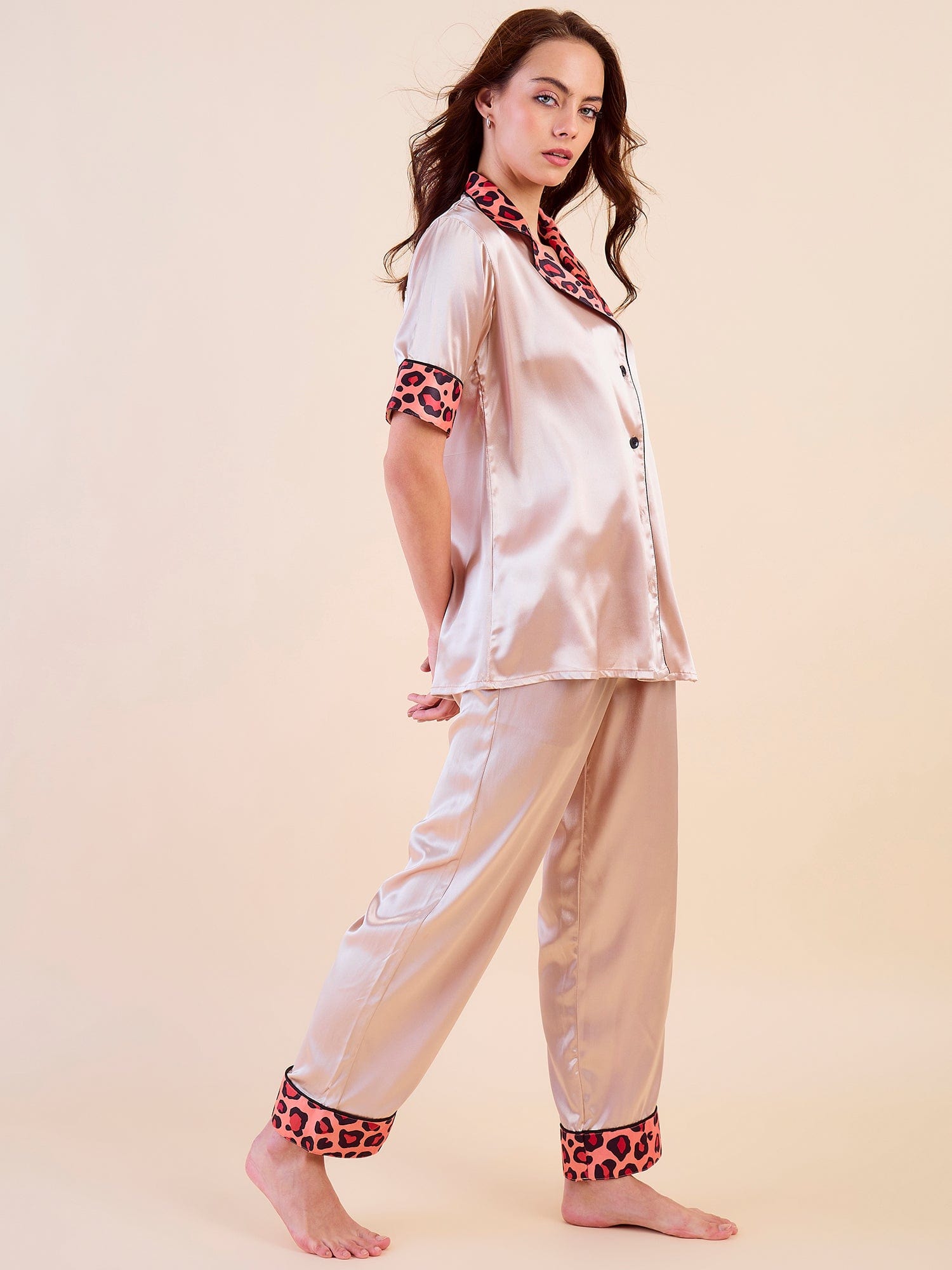 The Kaftan Company Pyjama Set Short Sleeve Beige Satin Pyjama Set with Leopard Trim