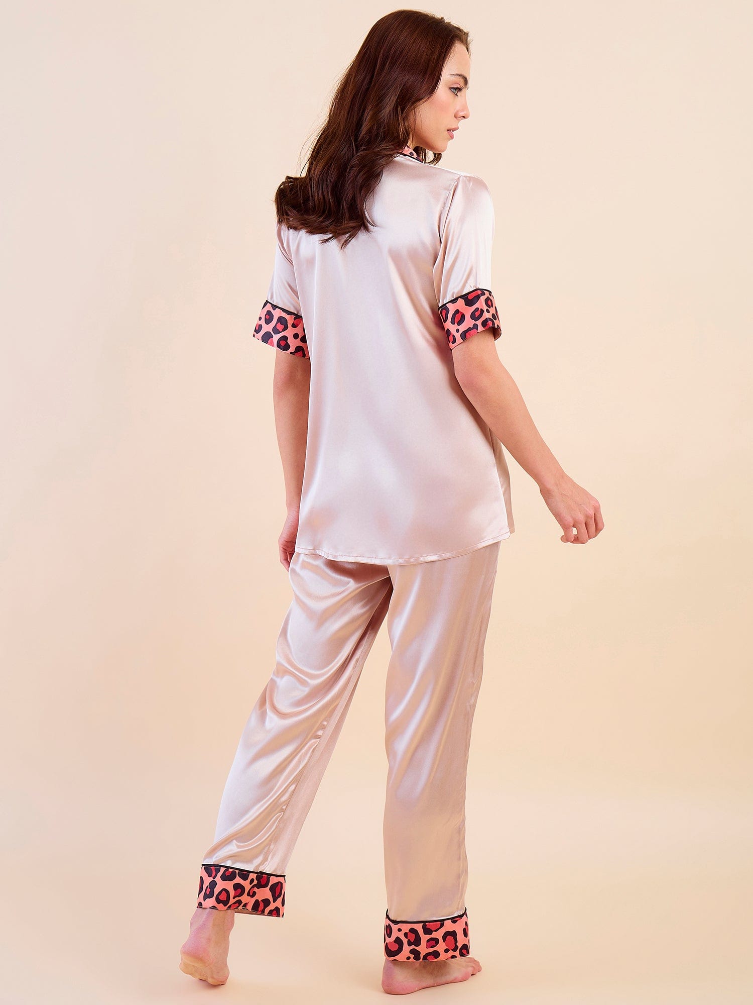 The Kaftan Company Pyjama Set Short Sleeve Beige Satin Pyjama Set with Leopard Trim