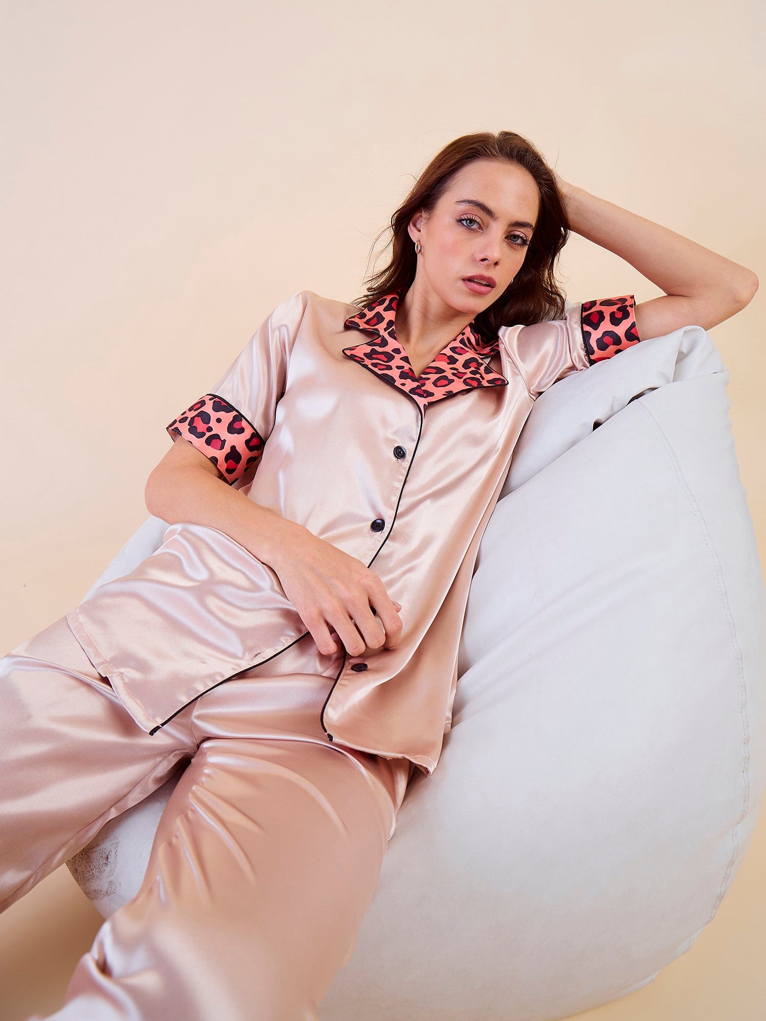 The Kaftan Company Pyjama Set Short Sleeve Beige Satin Pyjama Set with Leopard Trim