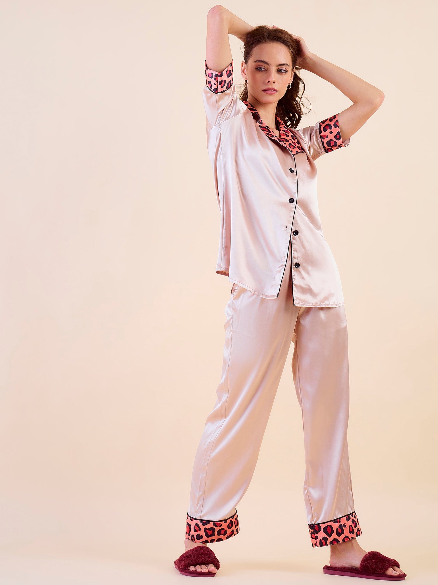 The Kaftan Company Pyjama Set Short Sleeve Beige Satin Pyjama Set with Leopard Trim