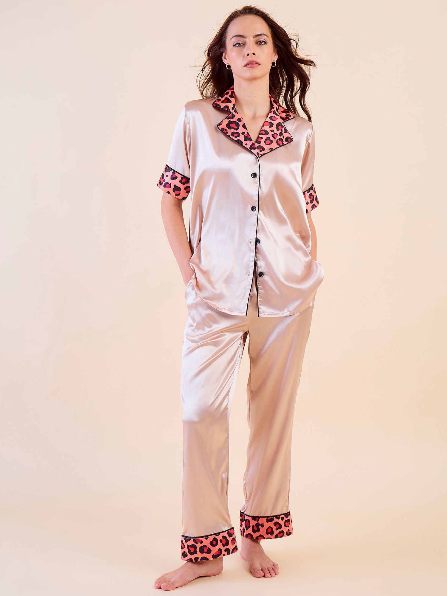 The Kaftan Company Pyjama Set Short Sleeve Beige Satin Pyjama Set with Leopard Trim