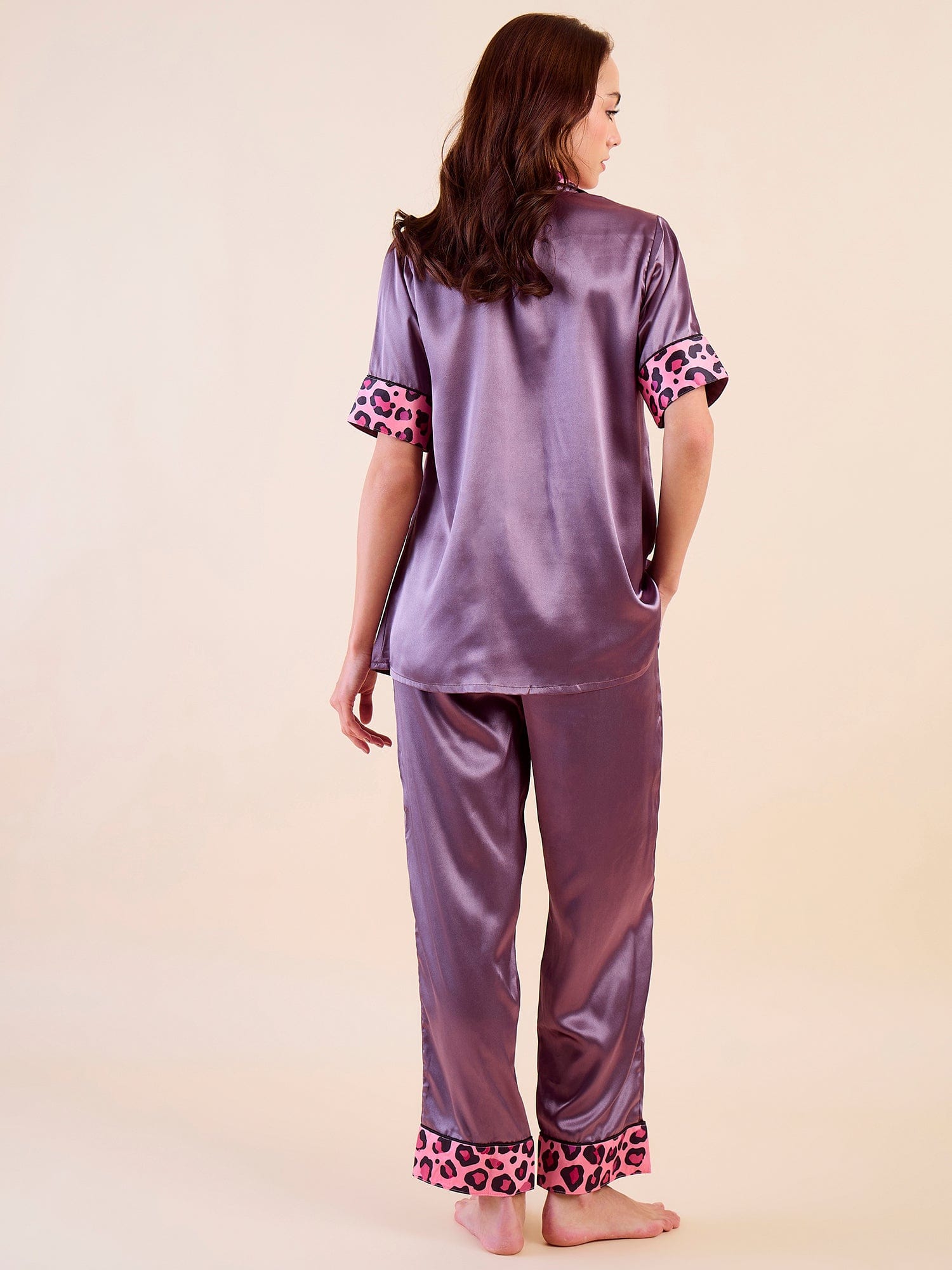 The Kaftan Company Pyjama Set Short Sleeve Purple Satin Pyjama Set with Leopard Trim