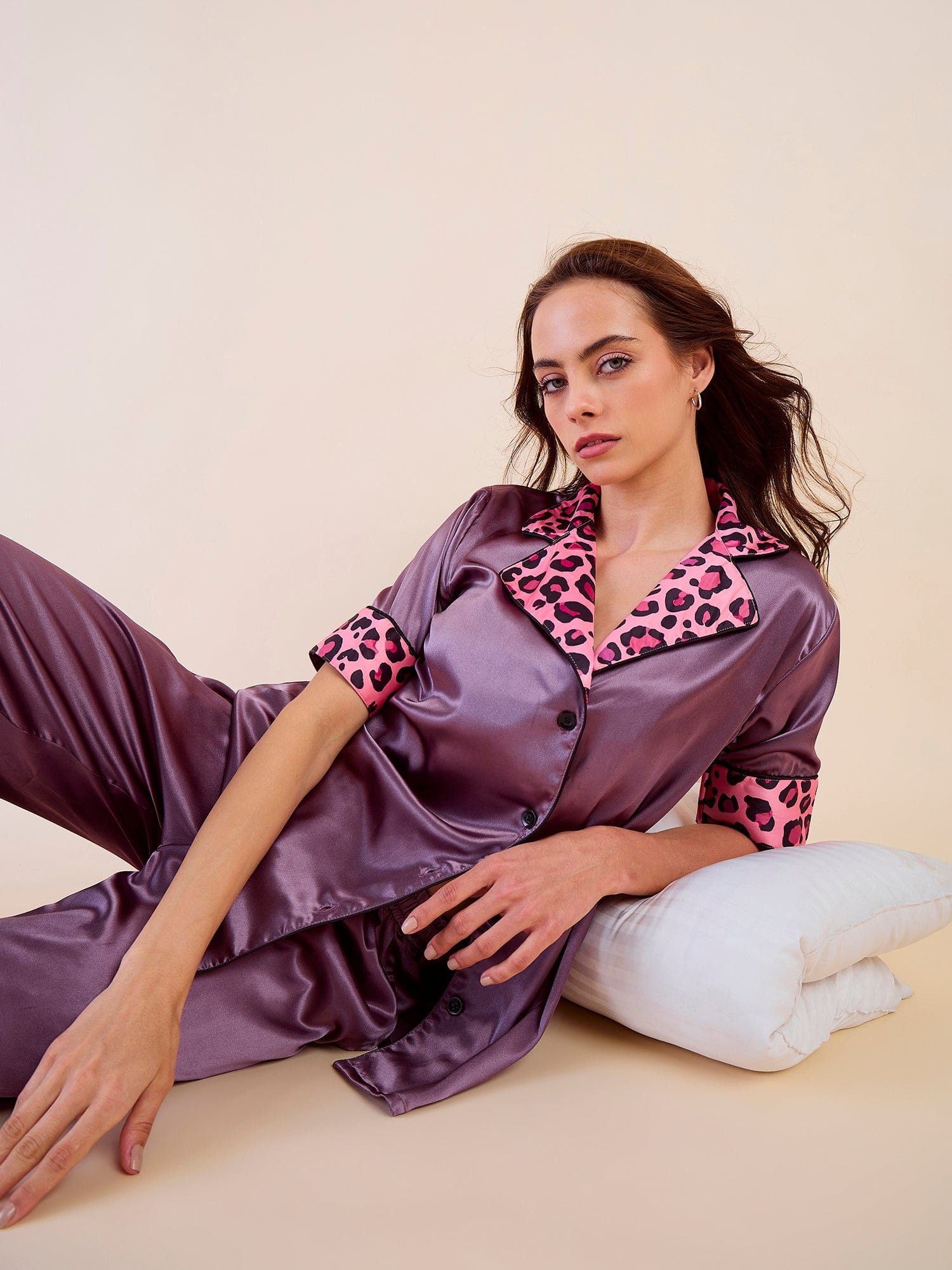 The Kaftan Company Pyjama Set Short Sleeve Purple Satin Pyjama Set with Leopard Trim