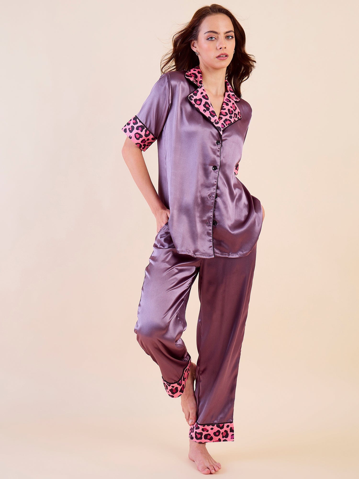 The Kaftan Company Pyjama Set Short Sleeve Purple Satin Pyjama Set with Leopard Trim