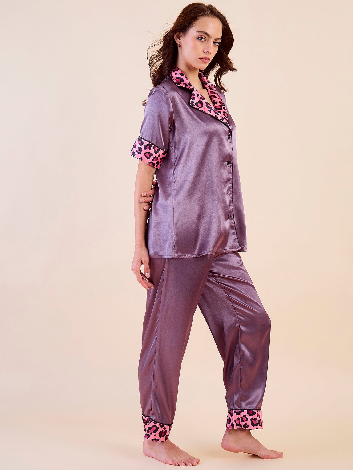 The Kaftan Company Pyjama Set Short Sleeve Purple Satin Pyjama Set with Leopard Trim