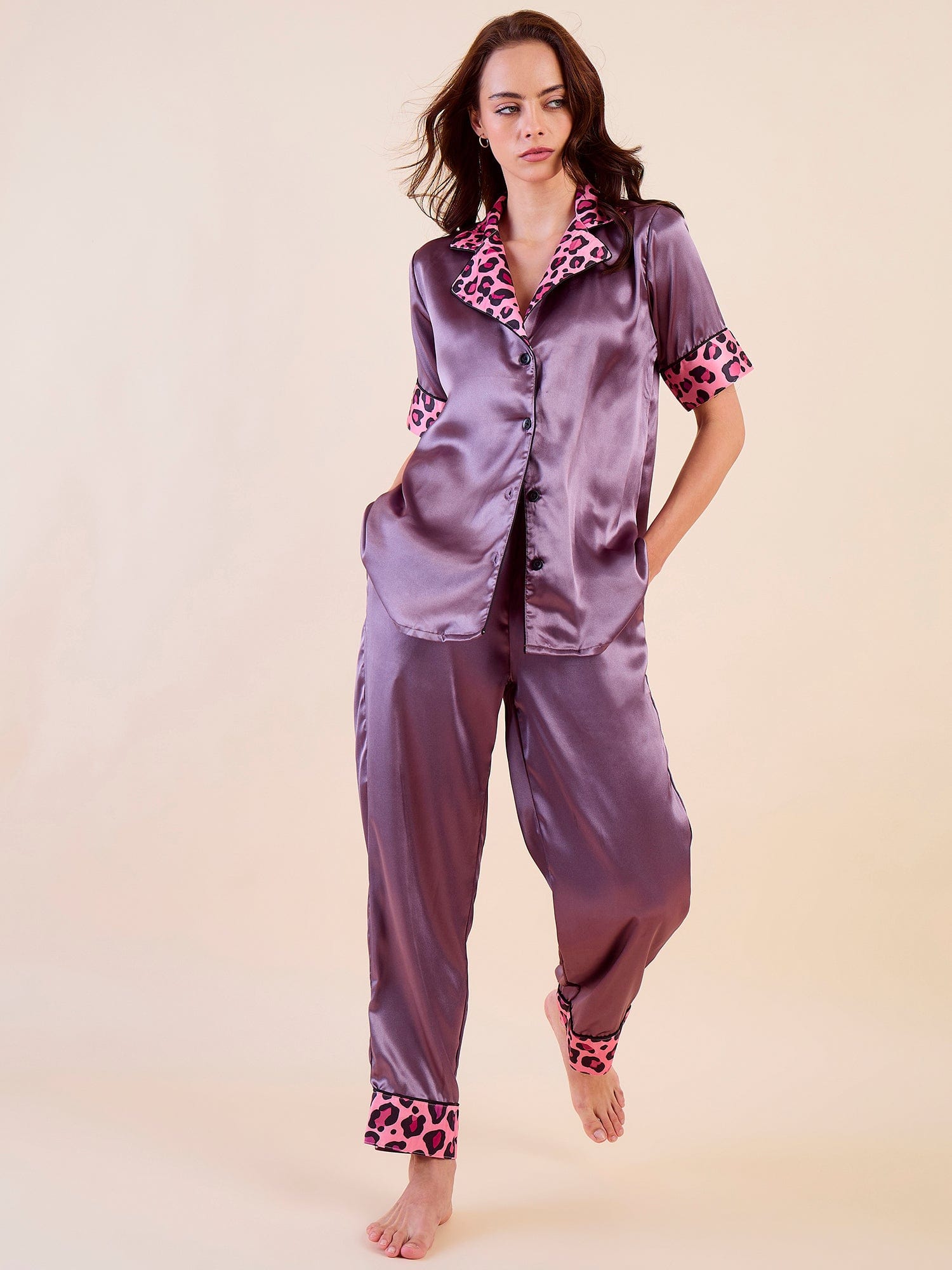The Kaftan Company Pyjama Set Short Sleeve Purple Satin Pyjama Set with Leopard Trim