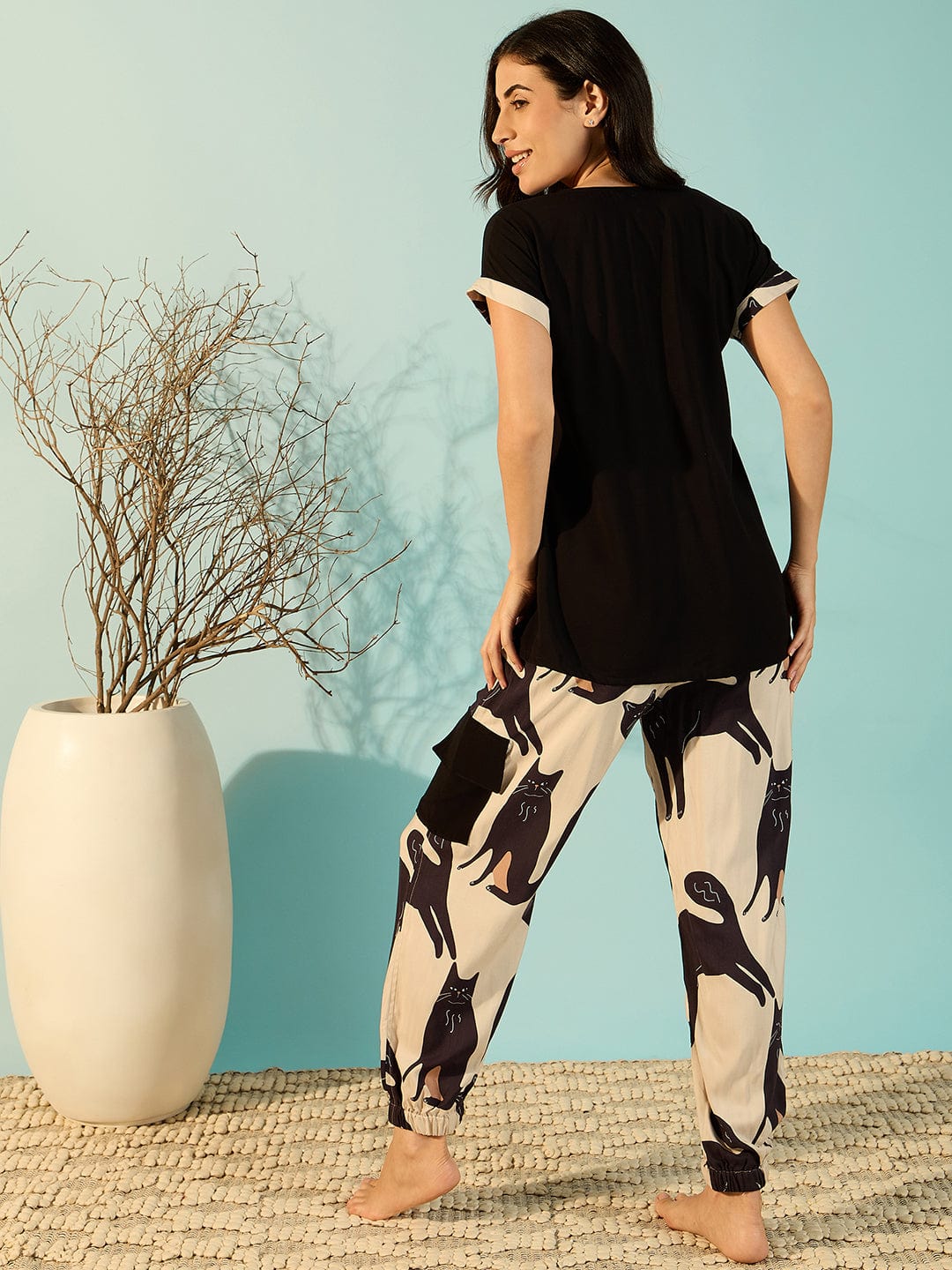 The Kaftan Company Pyjama Set Soft Modal Cat Printed Pyjama Set For Women