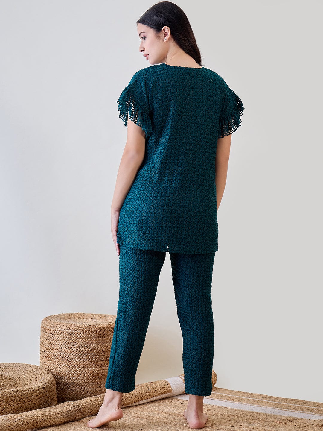 The Kaftan Company Pyjama Set Teal Green Textured Lace Ruffled Cord Set