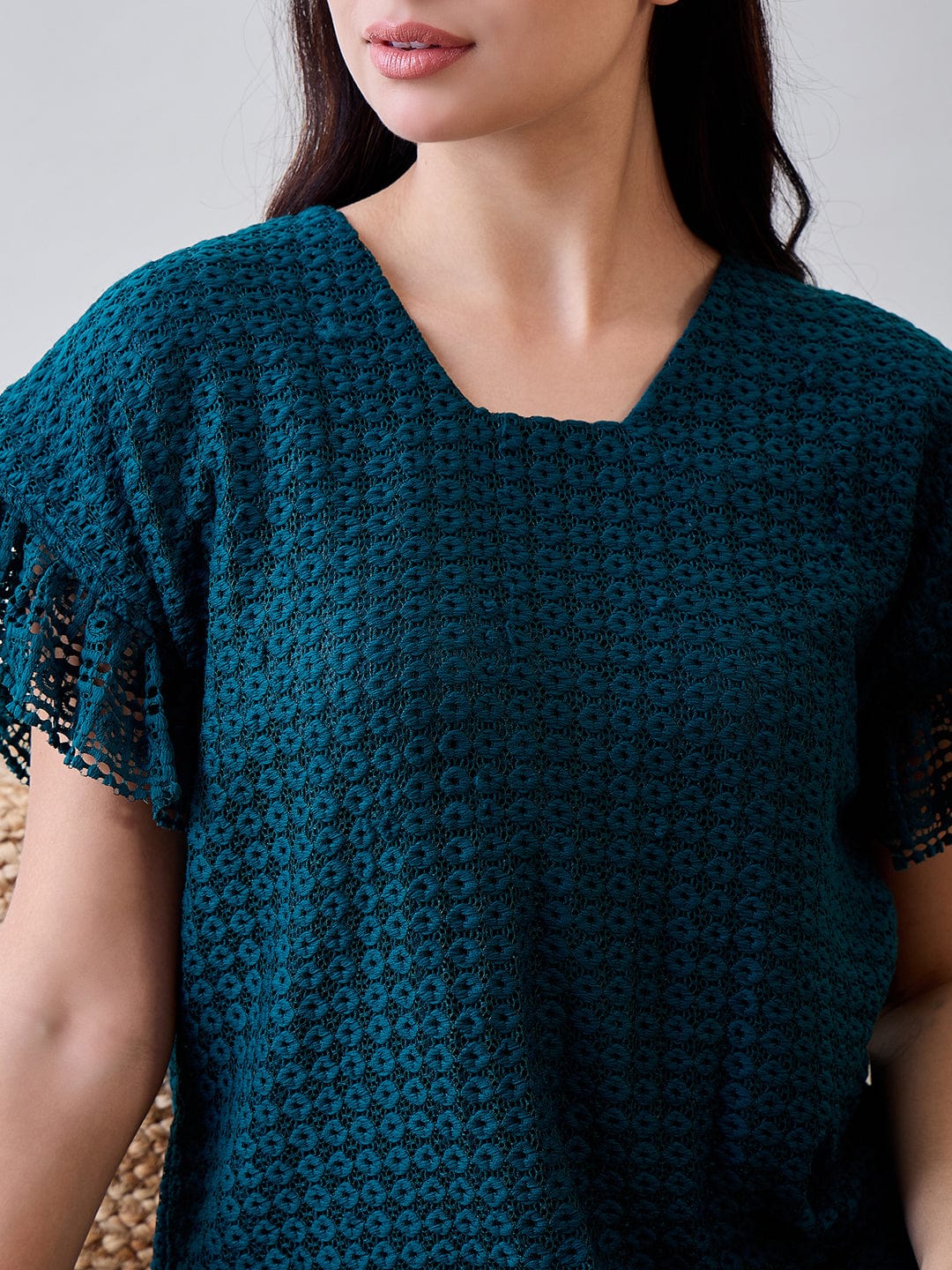 The Kaftan Company Pyjama Set Teal Green Textured Lace Ruffled Cord Set