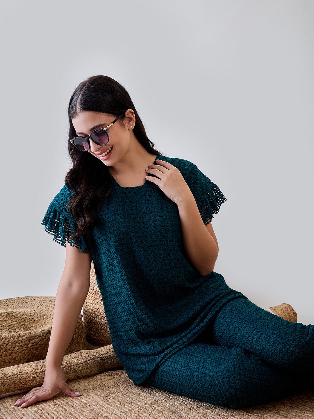 The Kaftan Company Pyjama Set Teal Green Textured Lace Ruffled Cord Set