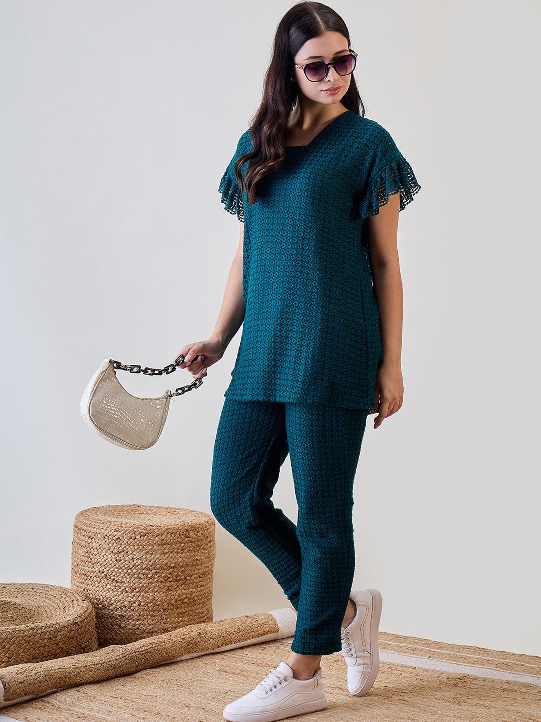 The Kaftan Company Pyjama Set Teal Green Textured Lace Ruffled Cord Set