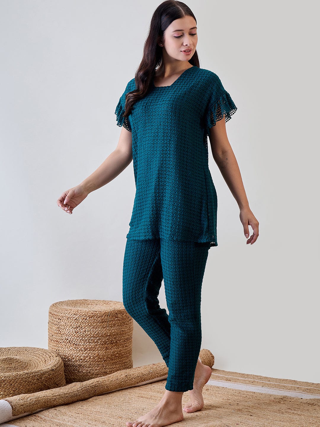 The Kaftan Company Pyjama Set Teal Green Textured Lace Ruffled Cord Set