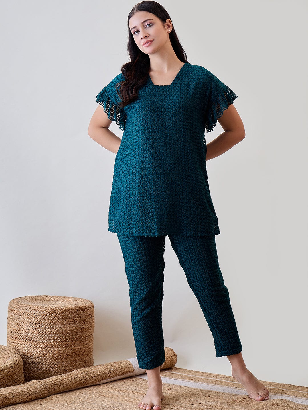 The Kaftan Company Pyjama Set Teal Green Textured Lace Ruffled Cord Set