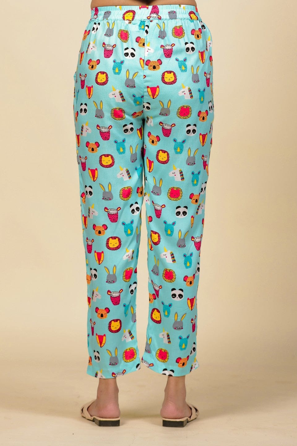 The Kaftan Company Pyjama Set Turquoise Animal Motif Print Viscose Nightsuit with Ruffle and Lace Detail