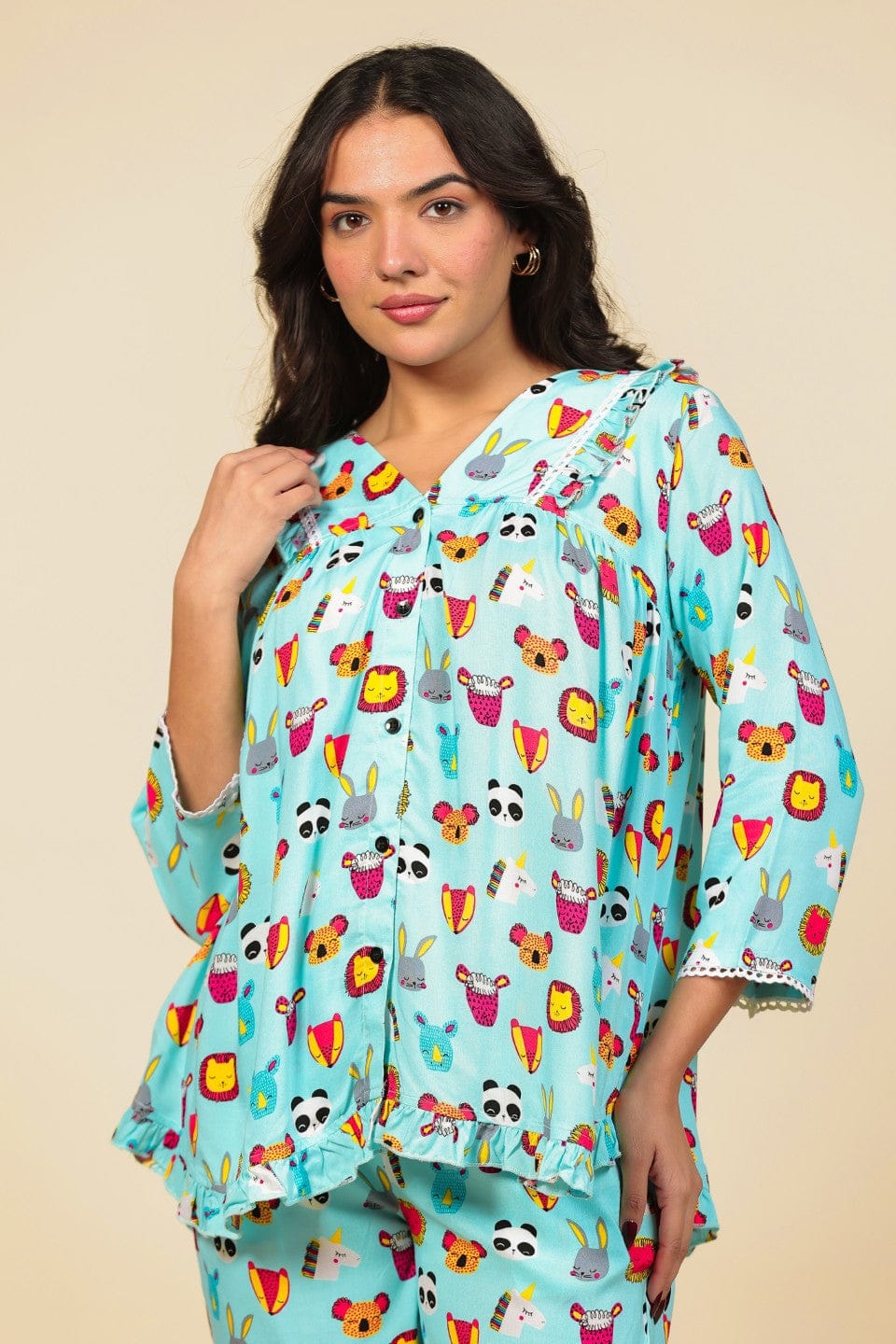 The Kaftan Company Pyjama Set Turquoise Animal Motif Print Viscose Nightsuit with Ruffle and Lace Detail