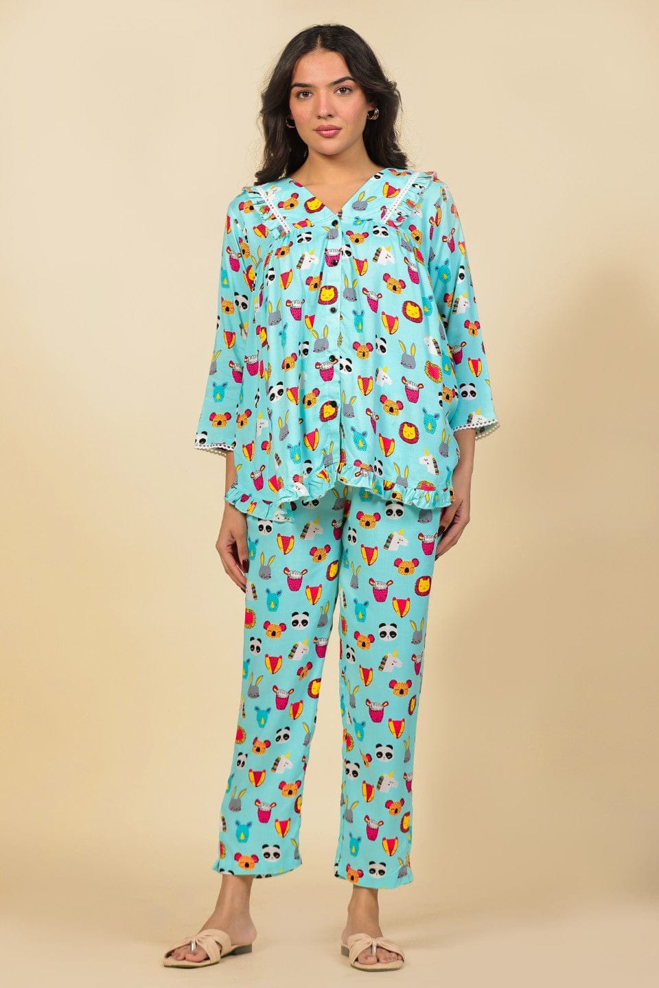 The Kaftan Company Pyjama Set Turquoise Animal Motif Print Viscose Nightsuit with Ruffle and Lace Detail