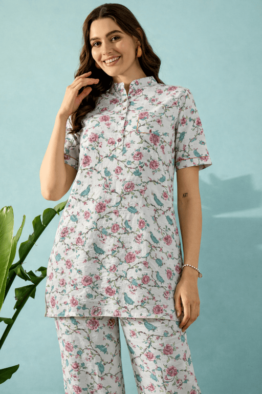 The Kaftan Company Pyjama Set White Floral Bird Print Cotton Nightwear Pyjama Set