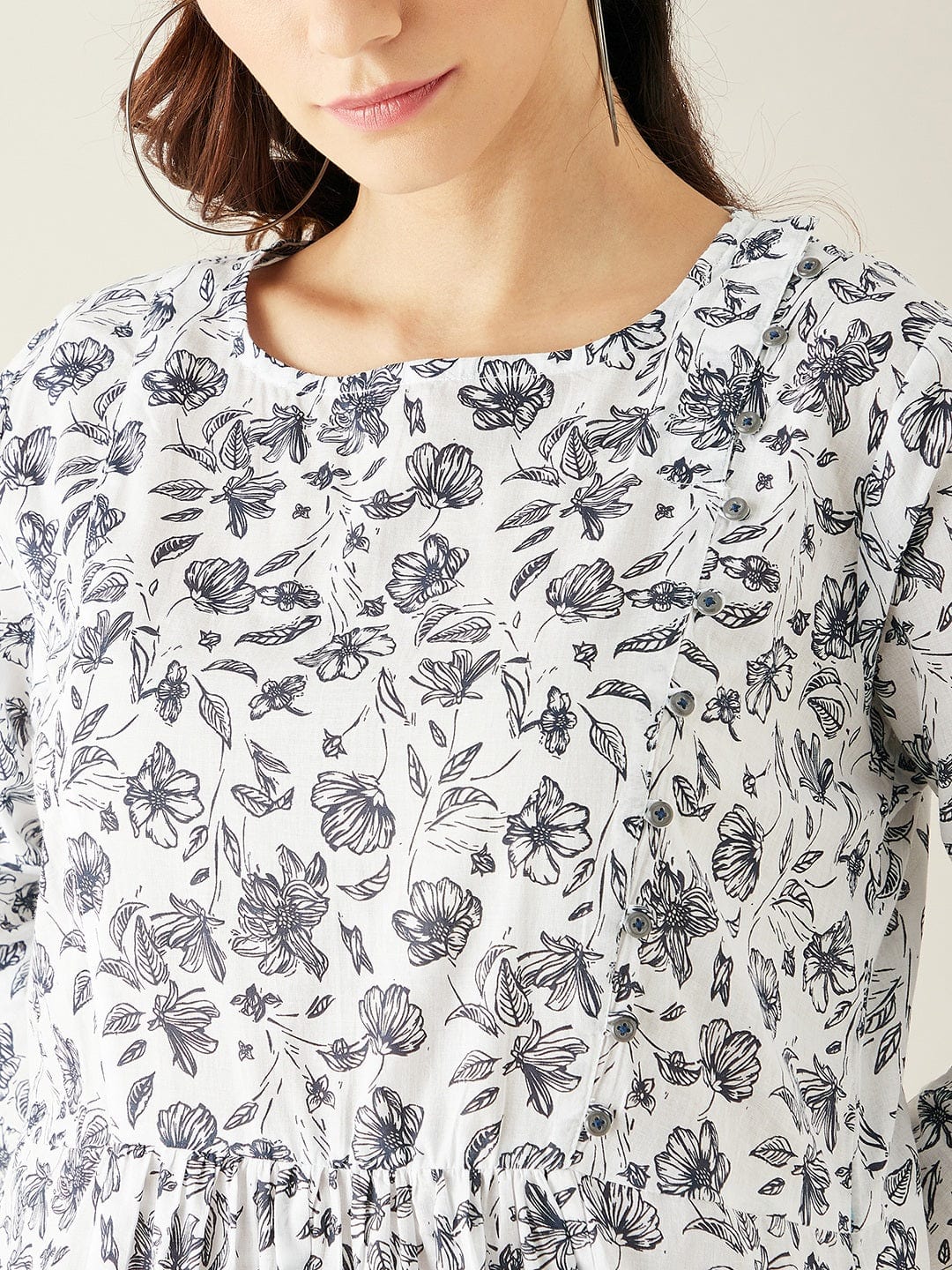 The Kaftan Company Pyjama Set White Floral Soft Cotton Pyjama Set with Long Top for Women