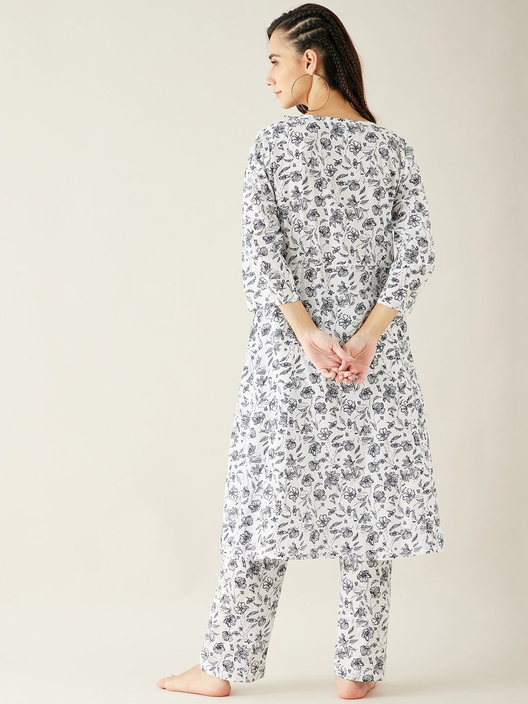 The Kaftan Company Pyjama Set White Floral Soft Cotton Pyjama Set with Long Top for Women