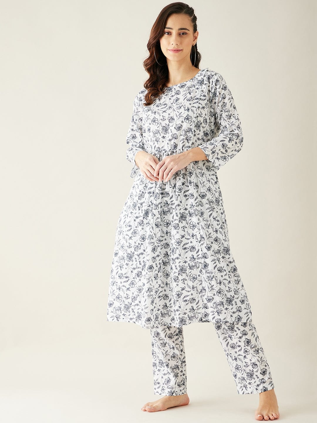 The Kaftan Company Pyjama Set White Floral Soft Cotton Pyjama Set with Long Top for Women
