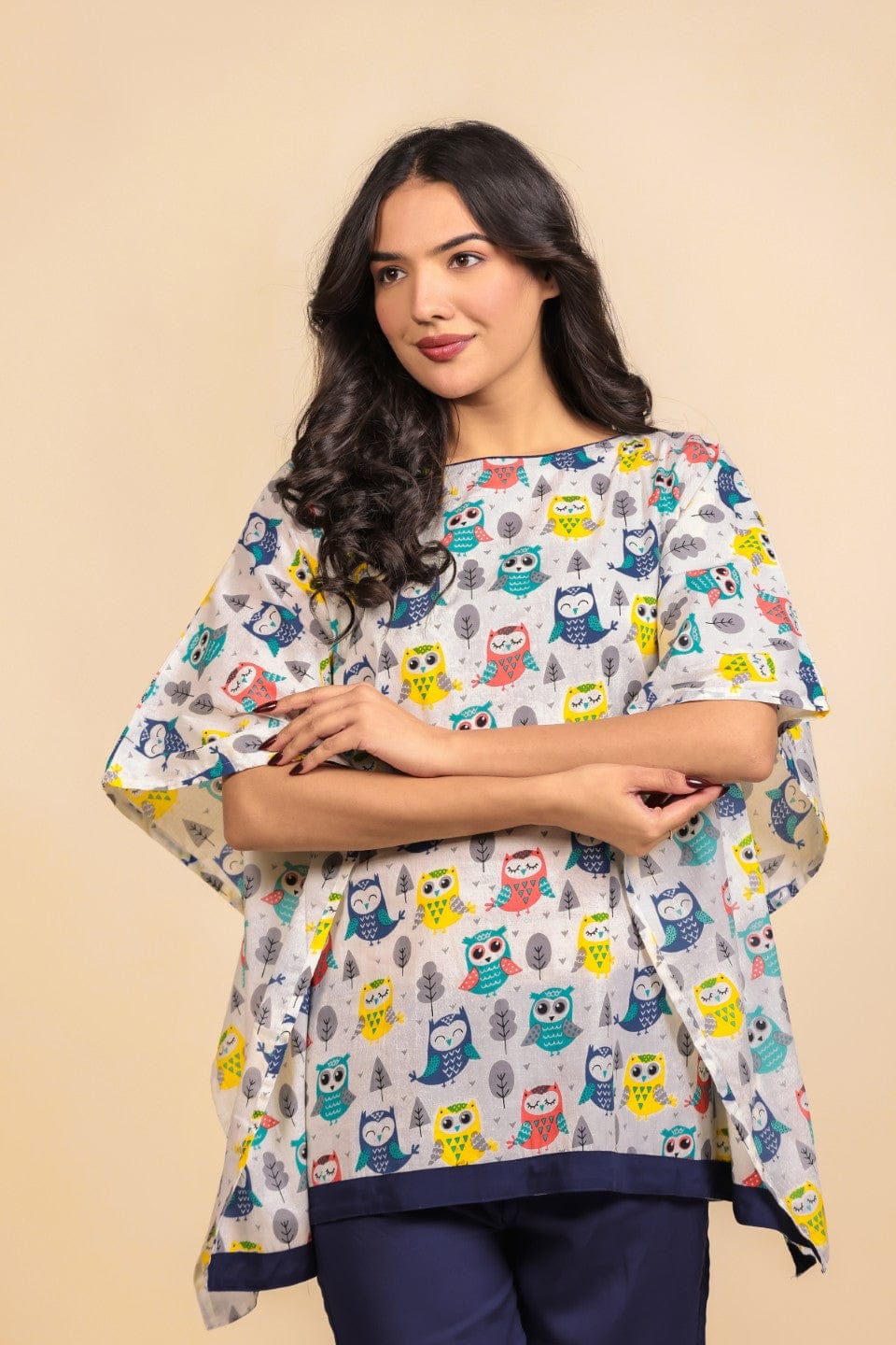 The Kaftan Company Pyjama Set White Playful Owl Print Cotton Lounge Set